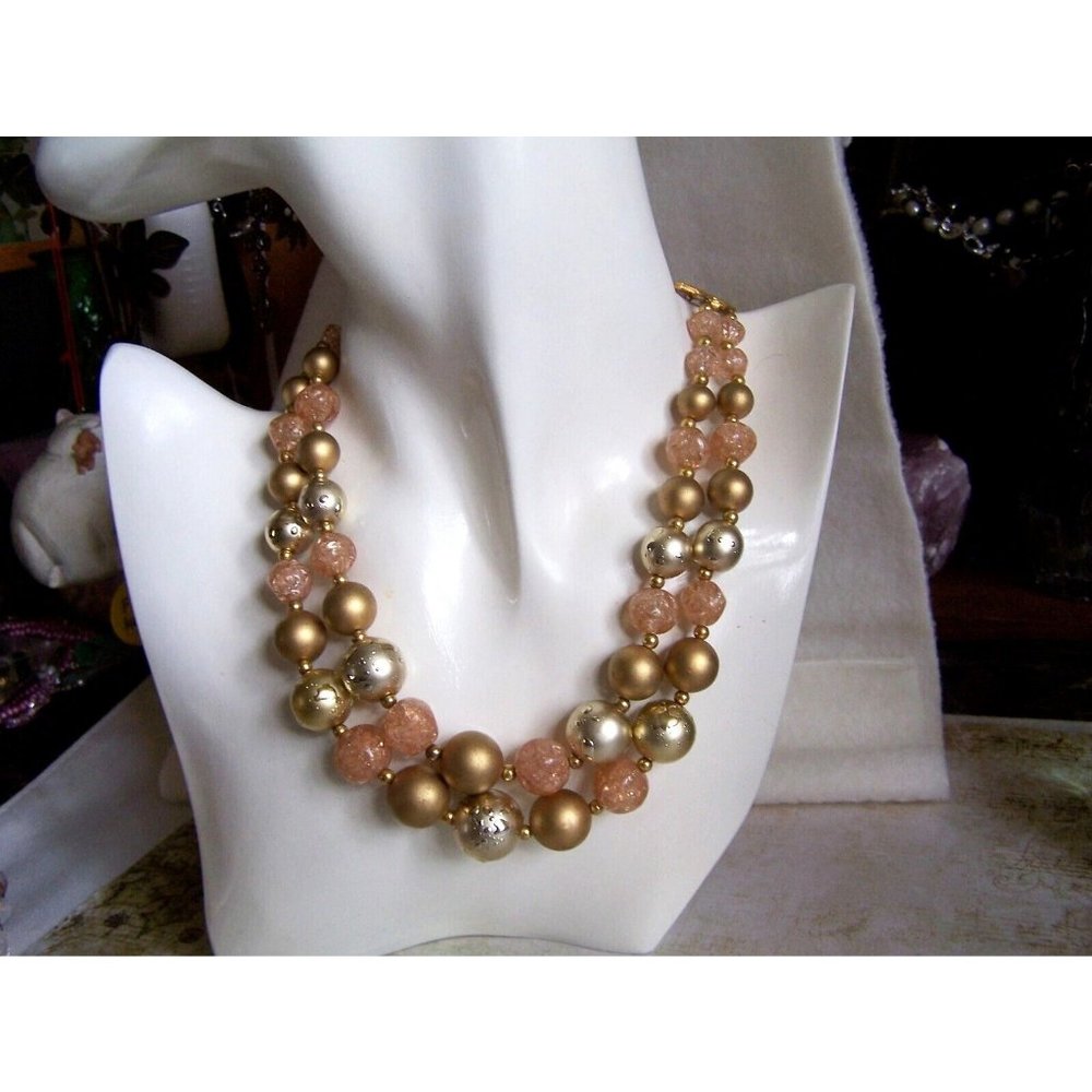 Deauville Gold Metallic Earth Tones 1950's Double-Strand Beaded Necklace 16 1/2"